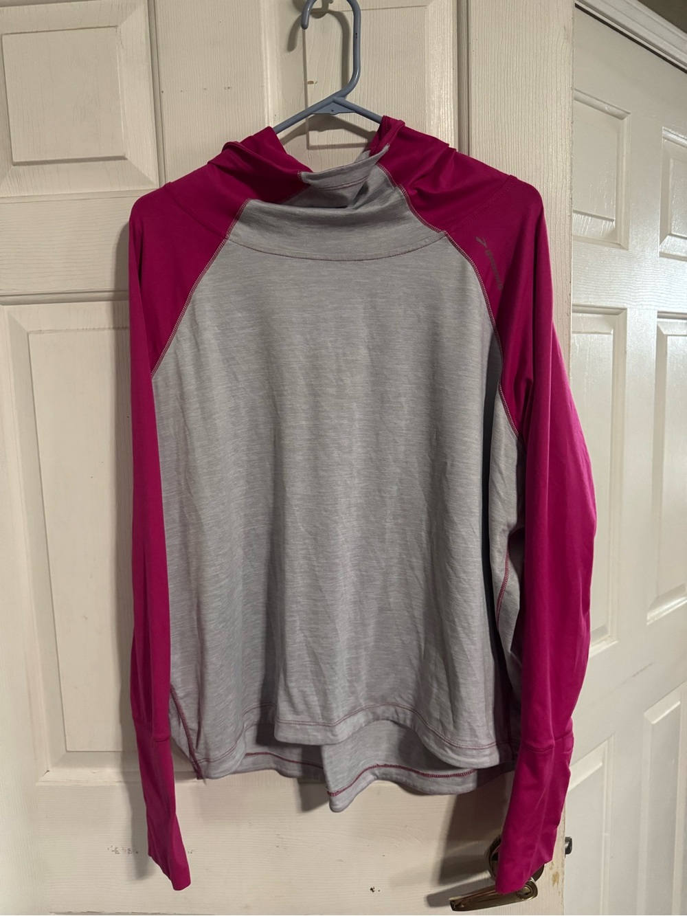 Gray and Magenta Hooded Long Sleeve Top